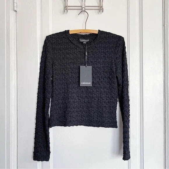 LAMARQUE • Nandra Top black textured tee long sleeve scoop neck cropped tight - Picture 2 of 11